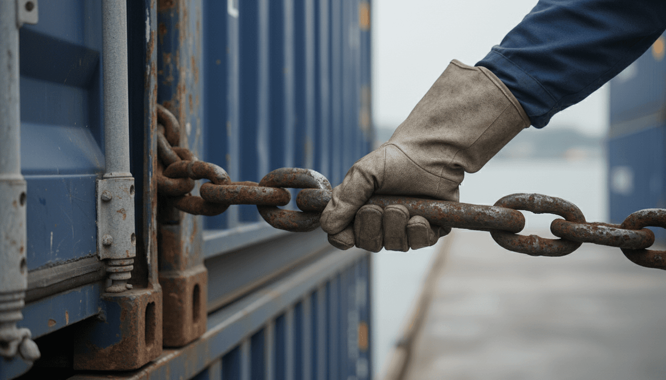 Detail of container lashing on a ship deck