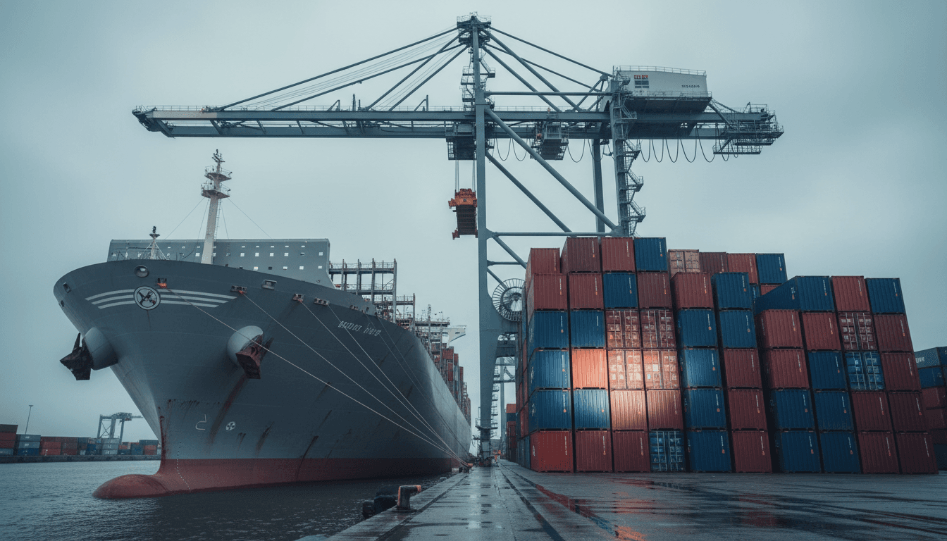 Container ship at a Dutch port with stacked containers and a gantry crane overhead in overcast daylight