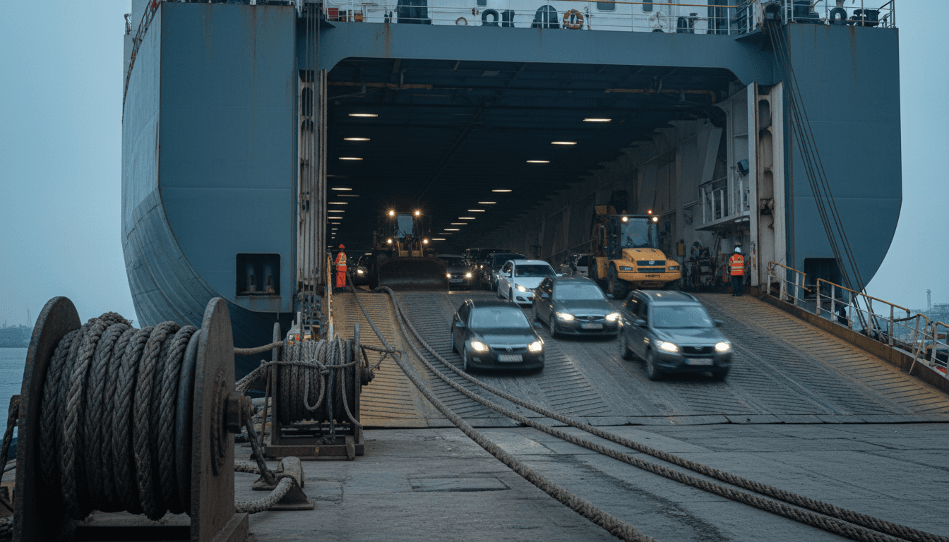 RoRo cargo ramp with vehicles entering the ship in Amsterdam harbour